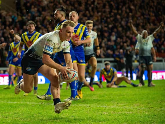 Brad Dwyer scores in this season's win against his former club Warrington. Picture by Bruce Rollinson.