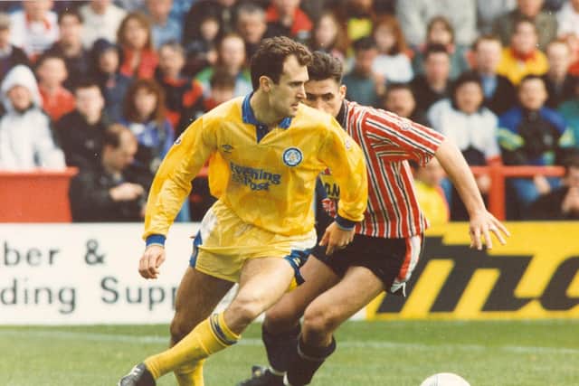MEMORABLE: Leeds United left back Tony Dorigo in action during his side's 3-2 win at Sheffield United in April 1992 which sealed the Whites the old First Division title at Bramall Lane. Picture by YPN.