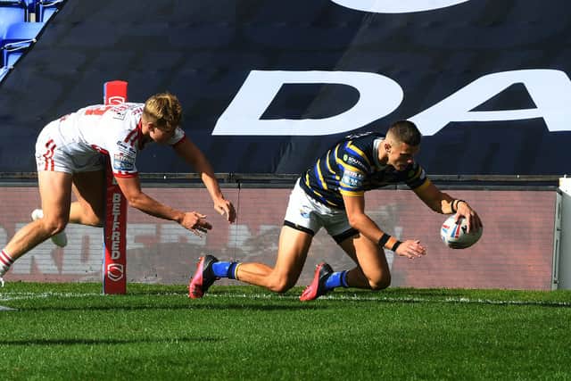 Try time: Leeds winger Ash Handley runs in the second try.

Picture: Jonathan Gawthorpe