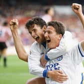 DERBY DELIGHT: Gary Speed and John Pearson celebrate during Leeds United's 2-0 victory at Sheffield United in September 1990 - the first top-flight clash between the two sides since 1976. Photo by Ben Radford/Allsport/Getty Images.