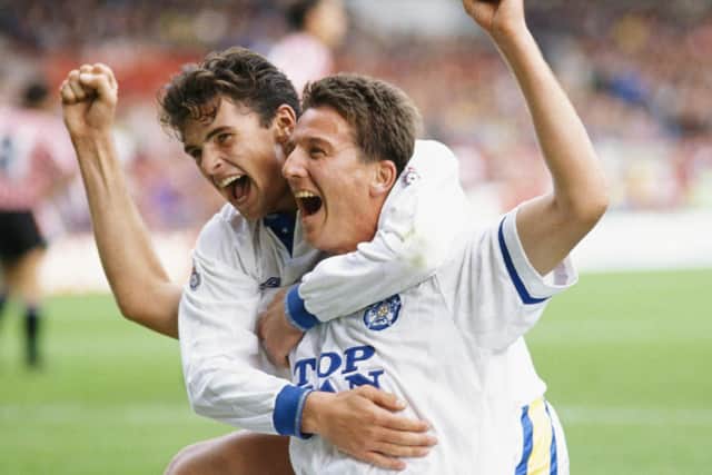 DERBY DELIGHT: Gary Speed and John Pearson celebrate during Leeds United's 2-0 victory at Sheffield United in September 1990 - the first top-flight clash between the two sides since 1976. Photo by Ben Radford/Allsport/Getty Images.