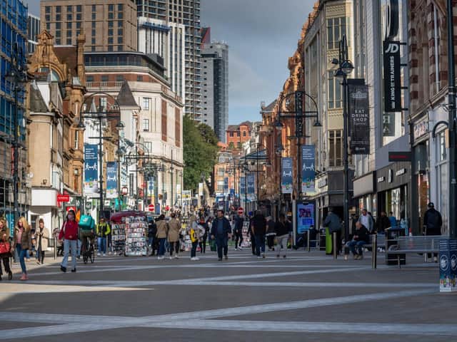 Leeds city centre was quiet but not deserted on the first day new Covid-19 restrictions came into force.
Picture; James Hardisty