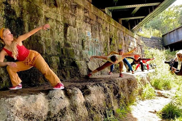 Dancers, including Kathryn Spence foreground, on an outdoor shoot with Devon Films, which is working with Ascendance..