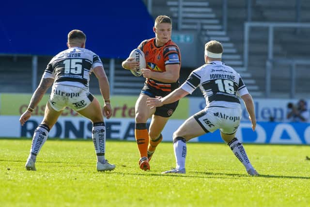 Tyla Hepi on the charge in Tigers' recent Challenge Cup loss to Hull. Picture by Tony Johnson.