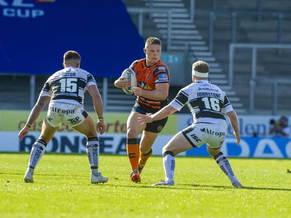 Tyla Hepi on the charge in Tigers' recent Challenge Cup loss to Hull. Picture by Tony Johnson.