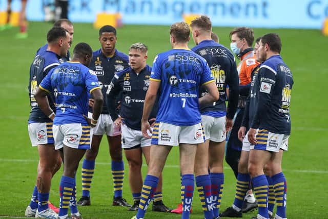 Leeds Rhinos hooker Harvey Whiteley, centre, gives a team talk before his side's clash with Catalans Dragons this week. Picture: Paul Currie/SWpix.com.