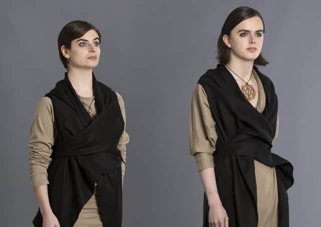 art of a collaboration with the HE SHE THEY? exhibition.MIU Black linen sleeveless top, £100; taupe organic cotton top, £215; and skirt, £95. Right: Black linen dress, £120; taupe dress, £245; black leggings, £125; necklace, £19.95. | PHOTOGRAPHER- NIDA MOZURAITE |PHOTOMANIC PHOTOGRAPHY,| MODELS - NATALIE CLUFO GREEN & MABZ BEET, | HAIR & MAKEUP ARTIST - NAOMI JADE NICHOLSON,| FASHION DESIGNER & STYLIST- ZARAMIA AVA