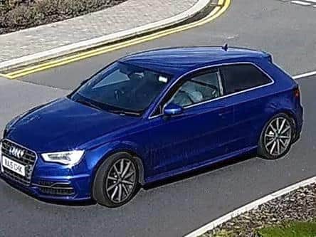 The blue Audi, bearing the registration NA15 CHK, is believed to have been used by the suspects in the incident, which occurred at The Springs at Thorpe Park Retail Park at about 11.20am on Friday, 25 September.