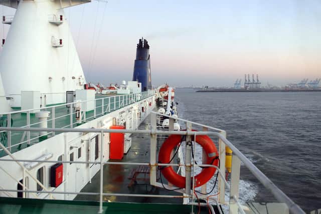 Seen from the bridge, the P&O North Sea Ferry 'Pride of York' leaves the port of Zeebrugge, Belgium for one of her nightly crossings to Hull. Picture: Terry Carrott