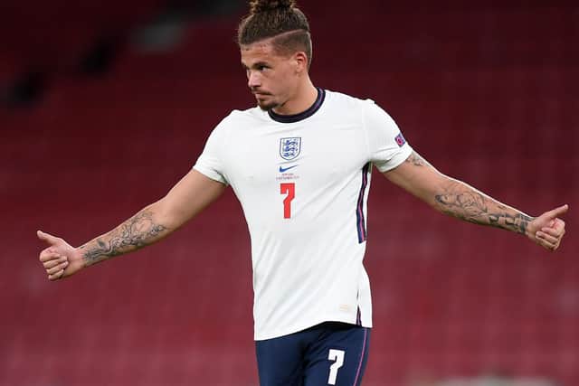 THREE LIONS: Leeds United midfielder Kalvin Phillips on his England debut against Denmark in Copenhagen last month. Photo by Michael Regan/Getty Images.
