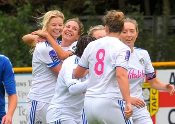 Laura Bartup, left, celebrates scoring the only goal in Leeds United Women's 1-0 victory over Durham Cestria on Sunday. Picture: Steve Riding.