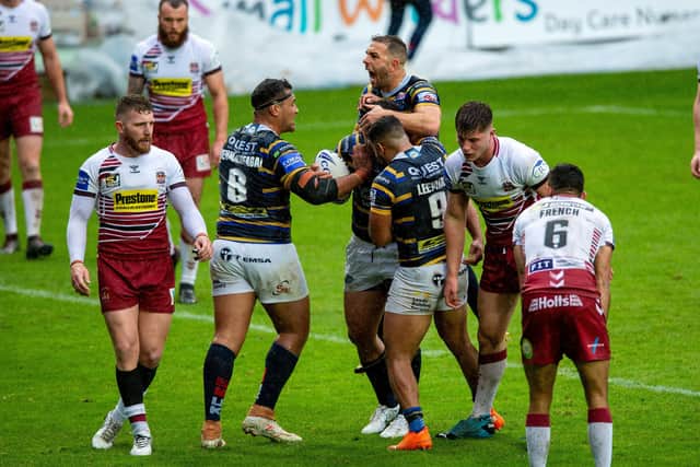 Rhys Martin celebrates after scoring Leeds Rhinos' opening try against Wigan Warriors. Picture: Bruce Rollinson.