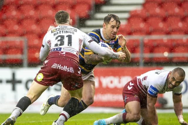Ritchie Myler on the attack against Wigan Warriors. Picture: Bruce Rollinson.