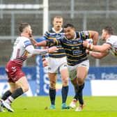 Ava Seumanufagai powers through the St Helens rain and Wigan defence. Picture by Bruce Rollinson.