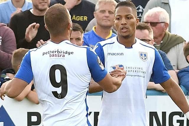 Guiseley's two-goal scorer aginst Atherton, Kaine Felix. Picture: Andrew Roe/AHPIX LTD.