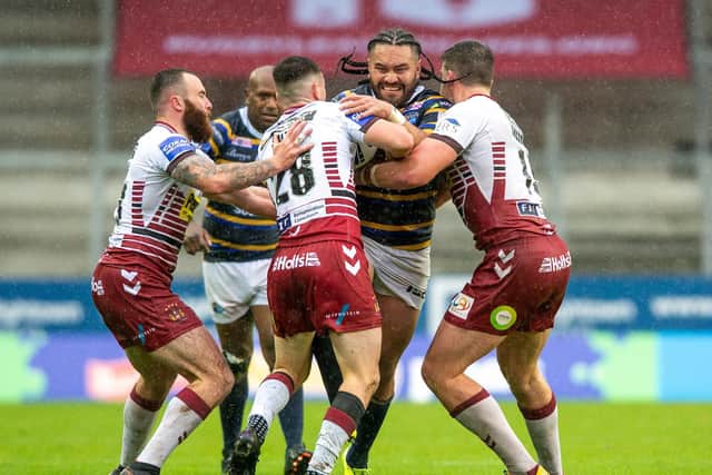 Konrad Hurrell hits the ball up against Wigan. Picture by Bruce Rollinson.