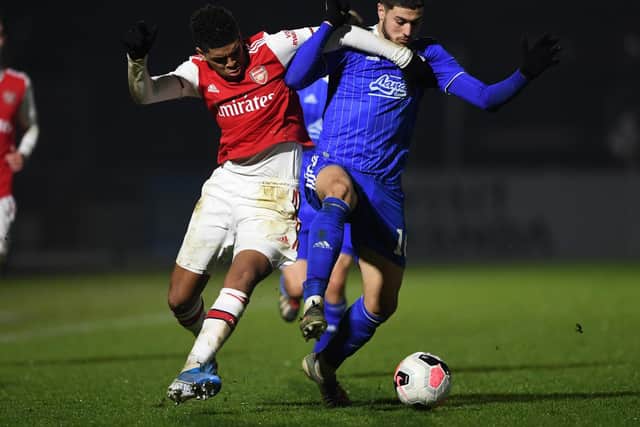 LEARNING HIS TRADE: Josko Gvardiol, right, pictured challenging Tyreece John-Jules during a Premier League International Cup match between Arsenal and Dinamo Zagreb's U-23s. Photo by David Price/Arsenal FC via Getty Images.