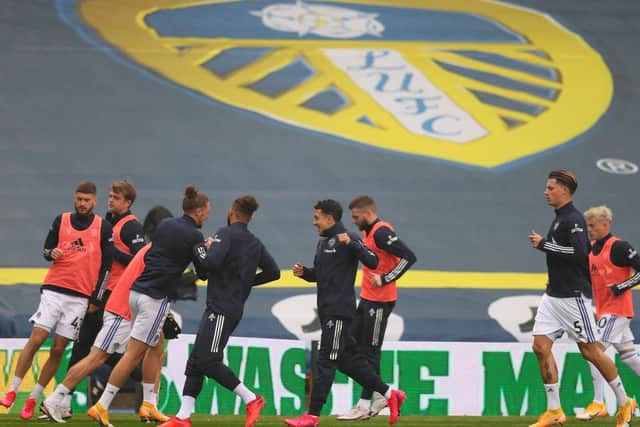 THRIVING: Leeds United's players warm up before Saturday's Premier League hosting of Manchester City which ended in a 1-1 draw, putting Marcelo Bielsa's Whites on seven points after just four games. Photo by Catherine Ivill/Getty Images.
