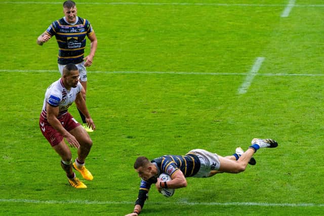 Ash Handley scores his first try in the semi-final win over Wigan. Picture by Bruce Rollinson.