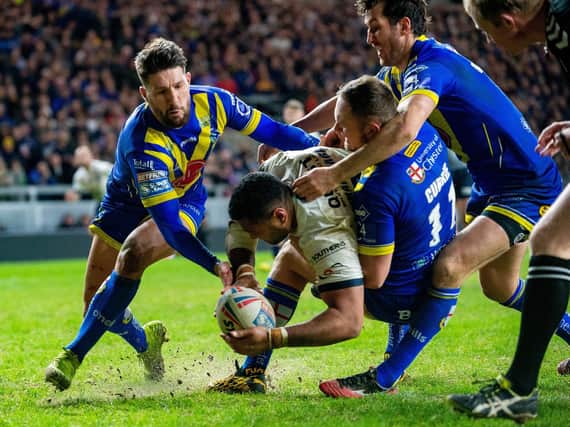 Ava Seumanufagai touches down for Rhinos against Warrington in March. Picture by Bruce Rollinson.