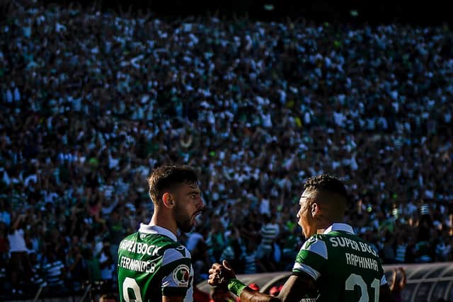 TEAM MATES: Raphinha, right, and Bruno Fernandes, left, in action for Sporting Lisbon during the 2019 Taca de Portugal final against Porto which Sporting won 5-4 on penalties. Photo by PATRICIA DE MELO MOREIRA/AFP via Getty Images.