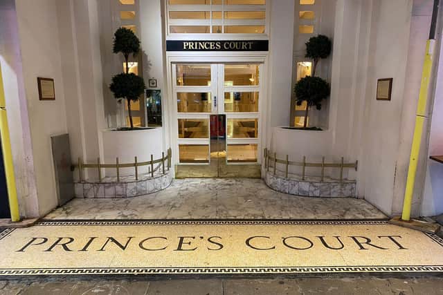 The entrance to Prince's Court flats in Knightsbridge, London, where Hussain owned a flat
