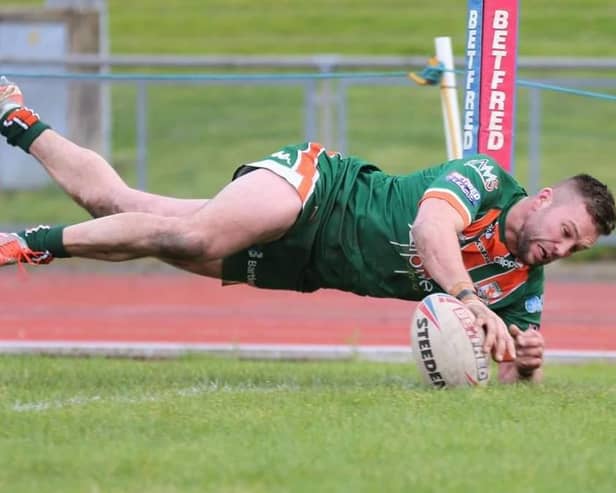 AJ Boardman scores the winning try for Hunslet against North Wales Crusaders in February.