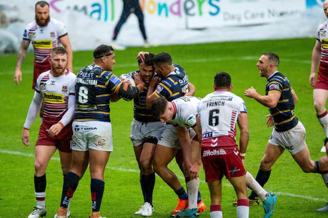 Rhyse Martin scores Leeds Rhinos' opening try against Wigan Warriors
. Picture: Bruce Rollinson.