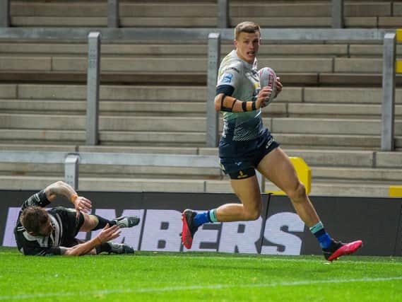 Ash Handley scores his third try against Hull. Picture by Bruce Rollinson.