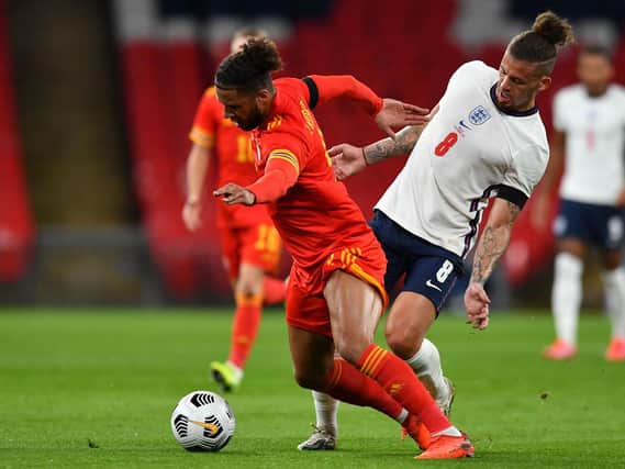 FRIENDLY FIRE - Kalvin Phillips fouling Leeds United team-mate Tyler Roberts in England's friendly win over Wales. Pic: Getty