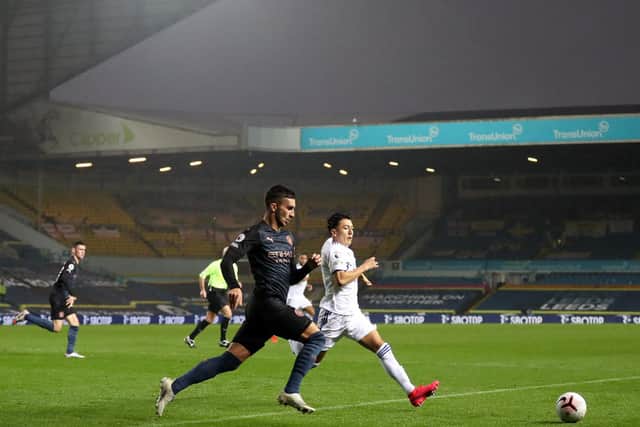 BIG IMPACT - Ian Poveda, pictured here preparing to flatten Ferran Torres, starred for Leeds United against former club Manchester City. Pic: Getty