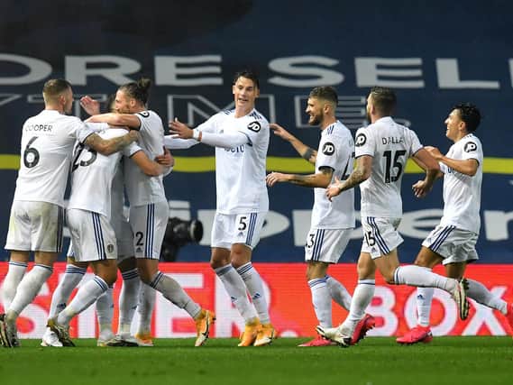 THRIVING: Leeds United celebrate Rodrigo's equaliser in the 1-1 draw at home to Manchester City, the club's last game before the October international break. Photo by Paul Ellis - Pool/Getty Images.