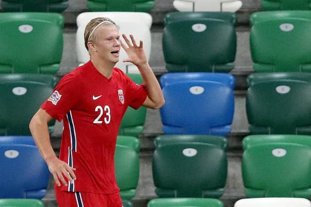 YORKSHIREMAN: Leeds-born Erling Haaland celebrates scoring his second and Norway's fifth in September's 5-1 victory against Northern Ireland at Windsor Park. Photo by PAUL FAITH/AFP via Getty Images.