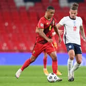 THIRD CAP: For Leeds United and England midfielder Kalvin Phillips, right, pictured tracking Belgium's Leciester City midfielder Youri Tielemans. Photo by Michael Regan/Getty Images.