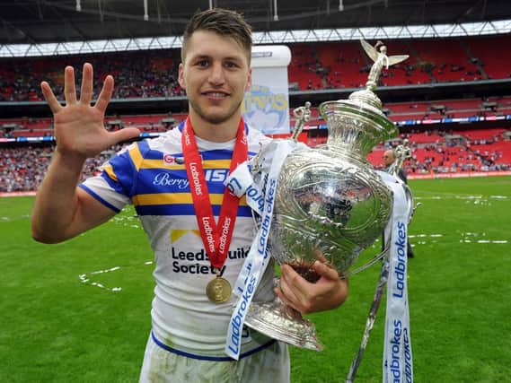 Tom Briscoe celebrates his five tries at Wembley in 2015. Picture by Steve Riding.