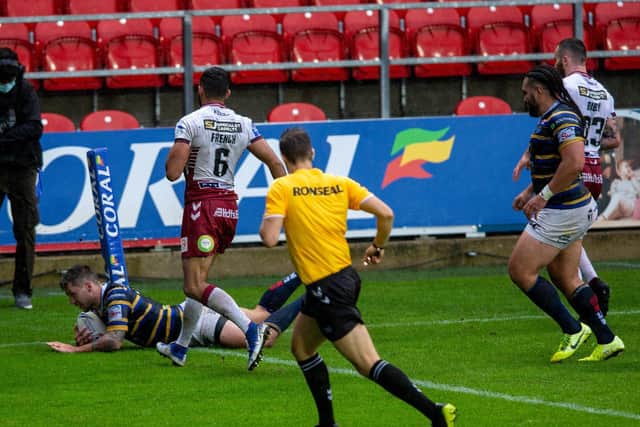 Tom Briscoe scores against Wigan in this month's Challenge Cup semi-final. Picture by Bruce Rollinson.