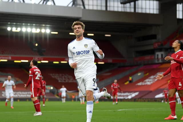 OPENING DAY INTENT: Leeds United striker Patrick Bamford celebrates his strike in the season opener at Liverpool as part of a hugely attacking display by Marcelo Bielsa's Whites. Photo by Shaun Botterill/Getty Images.
