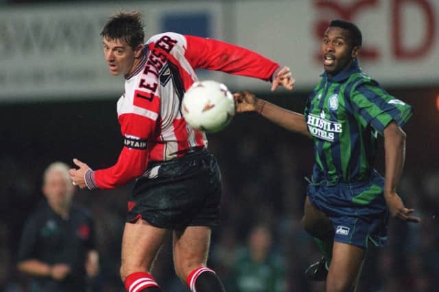 Lucas Radebe battles for the ball with Southampton's Matt Le Tissier at The Dell in October 1994. Leeds won 3-1.