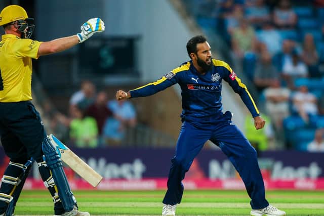 Yorkshire's Adil Rashid celebrates the wicket of Birmingham's Sam Hain during the T20 Blast back in 2018. Picture by Alex Whitehead/SWpix.com