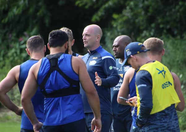 Leeds Rhinos head coach Richard Agar in training with his players. Picture: Varley Picture Agency.