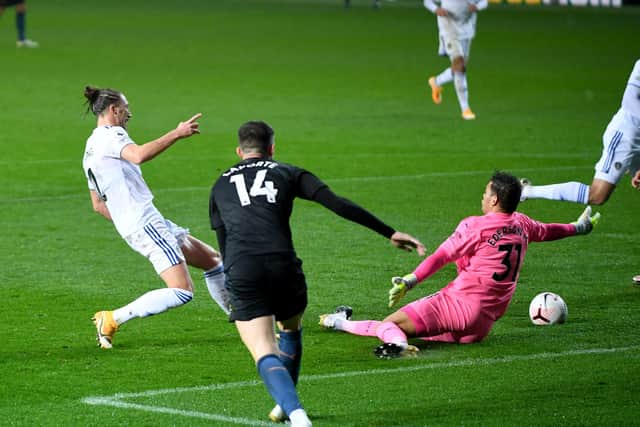 Leeds United v Manchester City..Luke Ayling has his shot saved by Ederson..3rd October 2020..Picture by Simon Hulme
