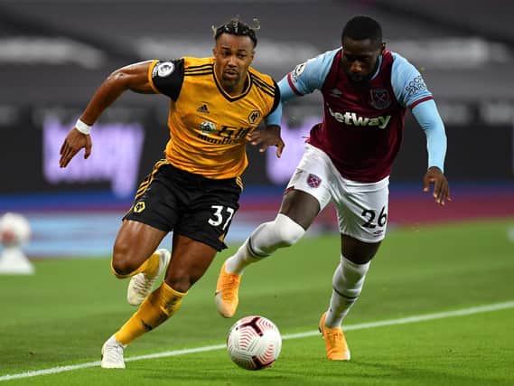 CHALLENGE - Adama Traore will present a difficult evening for Stuart Dallas, if the Wolves winger gets the nod for Monday's Premier League game at Leeds United. Pic: Getty