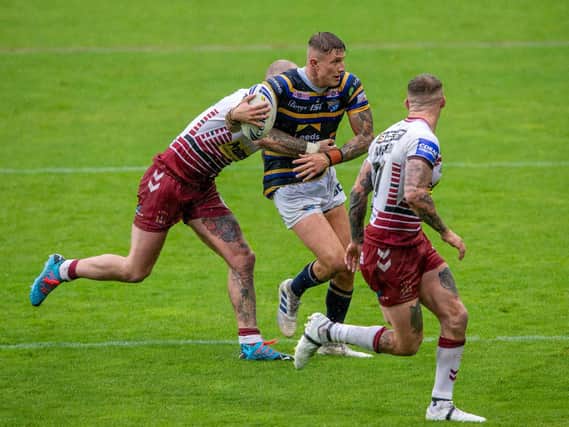 Liam Sutcliffe on the attack against Wigan during Rhinos' semi-final win. Picture by Bruce Rollinson.
