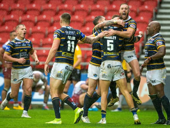 Rhinos celebrate their semi-final conquering of Wigan. Picture by Bruce Rollinson.