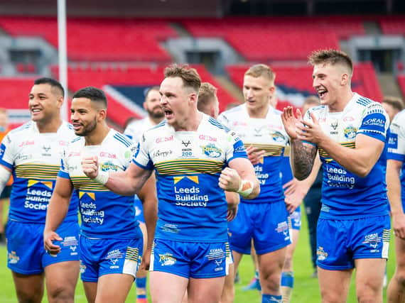Leeds Rhinos players celebrate victory in the Challenge Cup Final at Wembley. Picture: Allan McKenzie/SWpix.com