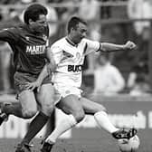 TOUGH SEASON: For Leeds United in 1987-88 as Glynn Snodin battles it out during the April clash against Millwall. Picture by Varleys.