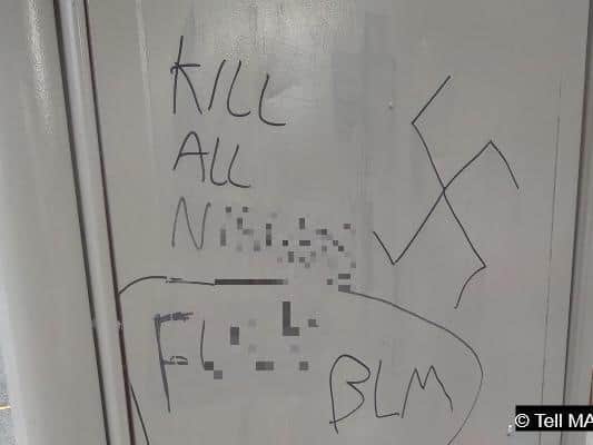 Racist graffiti was drawn at a Leeds bus stop (photo: Tell MAMA).