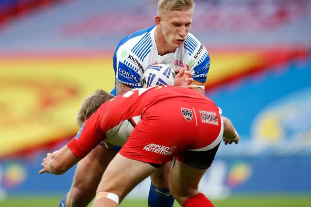 Leeds Rhinos prop Mikolaj Oledzki takes the steam out of the Salford Red Devils' defence at Wembley. Picture: Ed Sykes/SWpix.com.