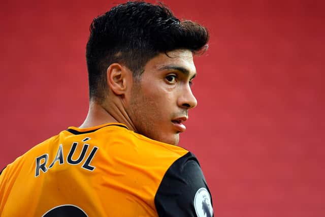CHIEF DANGER: Wolves striker Raul Jimenez who is favourite to score first and shorter in the betting than Leeds United no 9 Patrick Bamford. Photo by PETER POWELL/POOL/AFP via Getty Images.