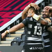 Happy chap: Manu Ma’u of Hull FC celebrates with team-mates after scoring a try against Castleford. Picture by Ash Allen/SWpix.com